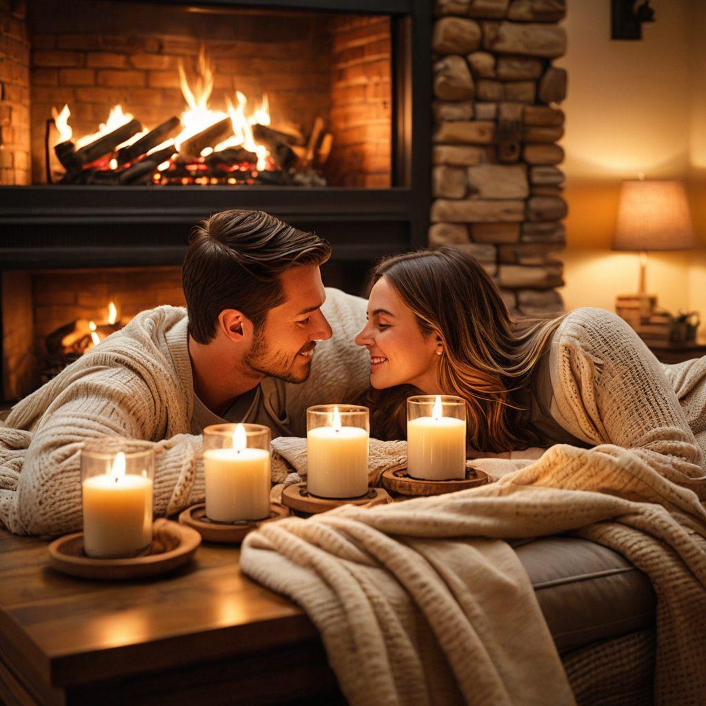 A warm and inviting living room with soft lighting, plush furniture, and a rustic fireplace. Decorative plants and family photos adorn the walls, creating a cozy atmosphere. A family gathered together, enjoying time with blankets, books, and warm drinks, showcasing the essence of family living. Super-realistic. Warm tones. Soft focus.