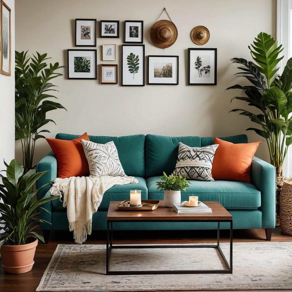A cozy living room featuring a stylish modern sofa, lush indoor plants, and tasteful artwork on the walls. Include warm lighting and decorative cushions to create an inviting atmosphere. Show a small coffee table with home decor books and a candle. Emphasize a sense of comfort and style in the design. super-realistic. vibrant colors. cozy ambiance.