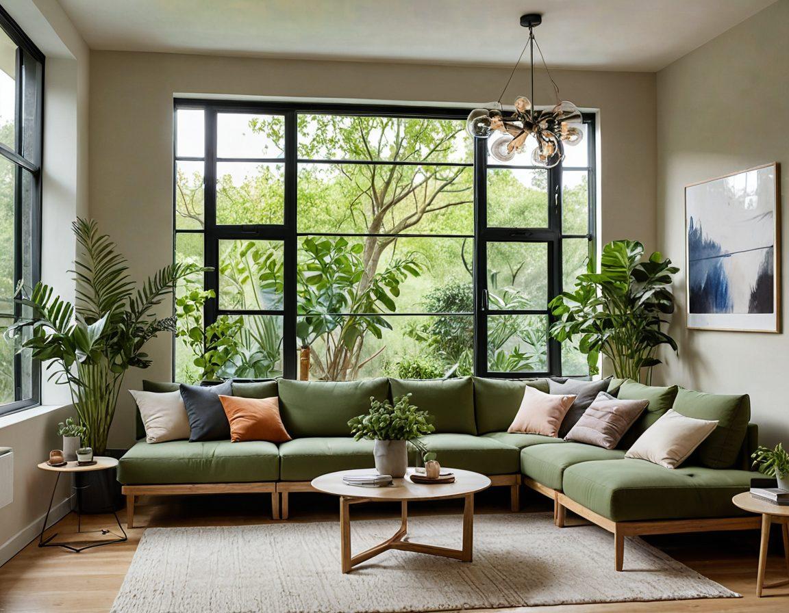 A cozy, modern living room showcasing innovative space-saving furniture solutions, with green plants integrated for a sustainable touch. Soft lighting creates a warm ambiance, highlighting the blend of comfort and eco-friendly design. Include a large window showing a view of a vibrant garden. Minimalist decor and inviting color palette emphasize relaxation. super-realistic. vibrant colors. warm tones.